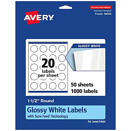 Deal Avery&reg; Glossy Permanent Labels With Sure Feed&reg;, 94506-WGP50, Round, 1-1/2" Diameter, White, Pack Of 1,000
