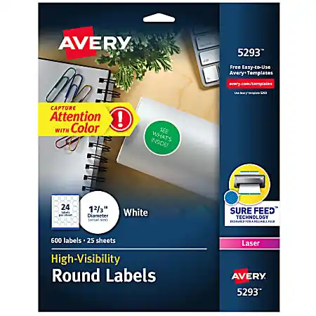 Deal Avery&reg; High Visibility Labels With Sure Feed&reg; For Laser Printers, 5293, Round, 1-2/3", White, Pack Of 600