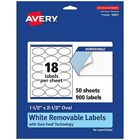 Don’t Miss Out Avery&reg; Removable Labels With Sure Feed&reg;, 94051-RMP50, Oval, 1-1/2" x 2-1/2", White, Pack Of 900 Labels