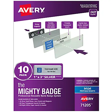 Avery&reg; The Mighty Badge Magnetic Badges For Inkjet Printers, 1" x 3", Silver, Pack Of 10 Badges Time-Limited