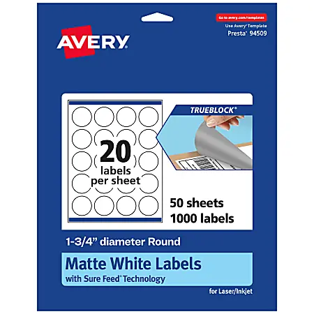 Time-Limited Avery&reg; Print-To-The-Edge TrueBlock&reg; Labels With Sure Feed&reg;, 94509-TWMP50, Round, 1-3/4", Matte White, Pack Of 1000