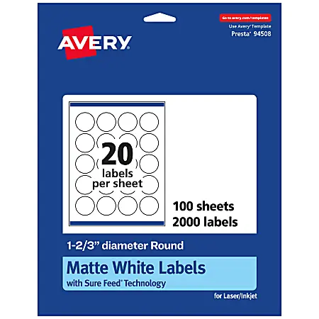 Avery&reg; Permanent Labels With Sure Feed&reg;, 94508-WMP100, Round, 1-2/3" Diameter, White, Pack Of 2,000 Bargain