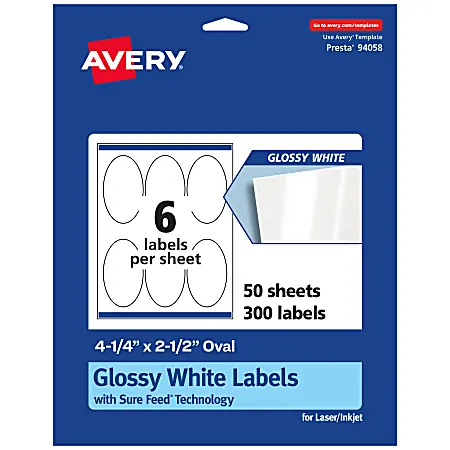 Avery&reg; Glossy Permanent Labels With Sure Feed&reg;, 94058-WGP50, Oval, 4-1/4" x 2-1/2", White, Pack Of 300 Top Pick
