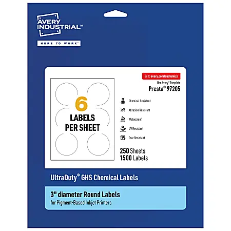 Avery&reg; Ultra Duty&reg; Permanent GHS Chemical Labels, 97205-WMUI250, Round, 3" Diameter, White, Pack Of 1,500 Final Sale