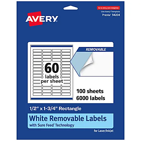 Handmade Avery&reg; Removable Labels With Sure Feed&reg;, 94204-RMP100, Rectangle, 1/2" x 1-3/4", White, Pack Of 6,000 Labels