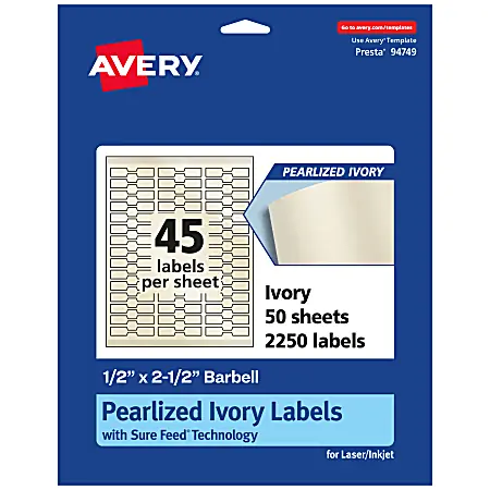 Avery&reg; Pearlized Permanent Labels With Sure Feed&reg;, 94749-PIP50, Barbell, 1/2" x 2-1/2", Ivory, Pack Of 2,250 Labels New Arrival