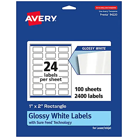 Avery&reg; Glossy Permanent Labels With Sure Feed&reg;, 94220-WGP100, Rectangle, 1" x 2", White, Pack Of 2,400 Luxury