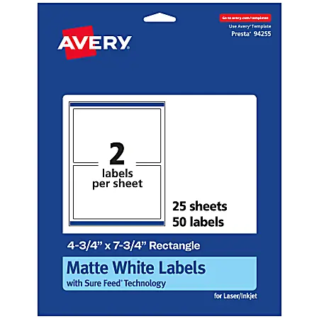 Avery&reg; Permanent Labels With Sure Feed&reg;, 94255-WMP25, Rectangle, 4-3/4" x 7-3/4", White, Pack Of 50 Luxury