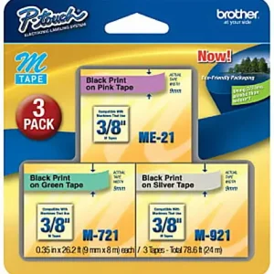 Exclusive Offer Brother&reg; ME-793 Black-On-Pink/-Green/-Silver Tapes, 0.38" x 26.2', Pack Of 3