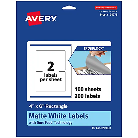 Worldwide Shipping Avery&reg; Print-To-The-Edge TrueBlock&reg; Labels With Sure Feed&reg;, 94278-TWMP100, Rectangle, 4" x 6", Matte White, Pack Of 200