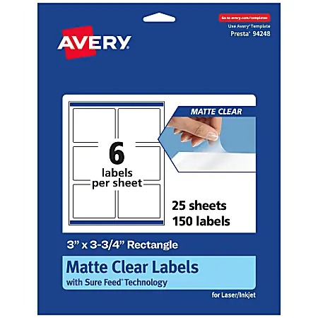 Avery&reg; Permanent Labels With Sure Feed&reg;, 94248-CMF25, Rectangle, 3" x 3-3/4", Matte Clear, Pack Of 150 Holiday Sale