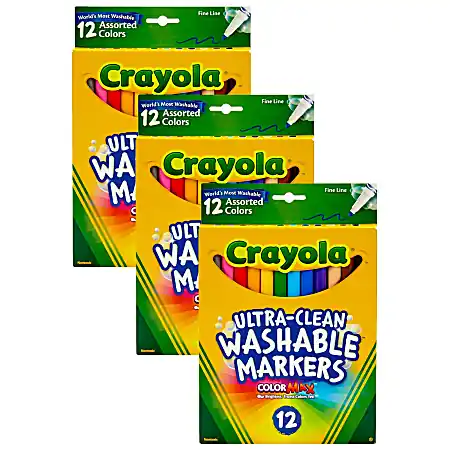 Crayola Ultra-Clean Markers, Pack Of 3 Boxes, Fine Line, Assorted Colors, 12 Markers Per Box Trusted Brand