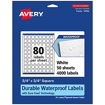 Get Yours Avery&reg; Waterproof Permanent Labels With Sure Feed&reg;, 94102-WMF50, Square, 3/4" x 3/4", White, Pack Of 4,000