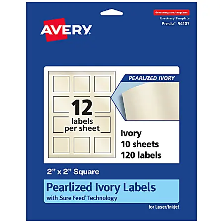 Professional Grade Avery&reg; Pearlized Permanent Labels With Sure Feed&reg;, 94107-PIP10, Square, 2" x 2", Ivory, Pack Of 120 Labels