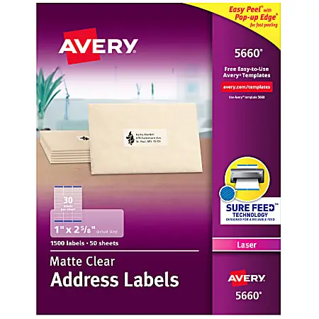 Last Chance Avery&reg; Matte Address Labels With Sure Feed&reg; Technology, 5660, Rectangle, 1" x 2-5/8", Clear, Pack Of 1,500