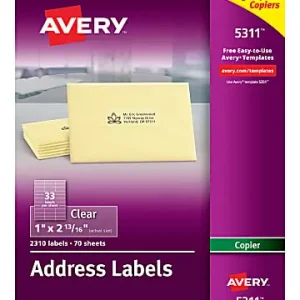 Popular Avery&reg; Permanent Address Labels For Copiers, 5311, Rectangle, 1" x 2-13/16", Clear, Pack Of 2,310