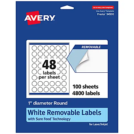 Avery&reg; Removable Labels With Sure Feed&reg;, 94500-RMP100, Round, 1" Diameter, White, Pack Of 4,800 Labels Bargain