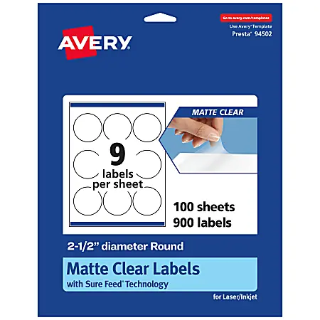Avery&reg; Permanent Labels With Sure Feed&reg;, 94502-CMF100, Round, 2-1/2", Matte Clear, Pack Of 900 Weekend Sale