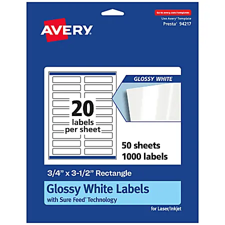 Avery&reg; Glossy Permanent Labels With Sure Feed&reg;, 94217-WGP50, Rectangle, 3/4" x 3-1/2", White, Pack Of 1,000 Exclusive Offer