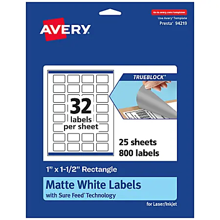 Avery&reg; Print-To-The-Edge TrueBlock&reg; Labels With Sure Feed&reg;, 94219-TWMP25, Rectangle, 1" x 1-1/2", Matte White, Pack Of 800 Flash Sale