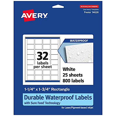 Avery&reg; Waterproof Permanent Labels With Sure Feed&reg;, 94226-WMF25, Rectangle, 1-1/4" x 1-3/4", White, Pack Of 800 Trending