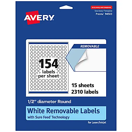Avery&reg; Removable Labels With Sure Feed&reg;, 94503-RMP15, Round, 1/2" Diameter, White, Pack Of 2,310 Labels Don’t Miss Out