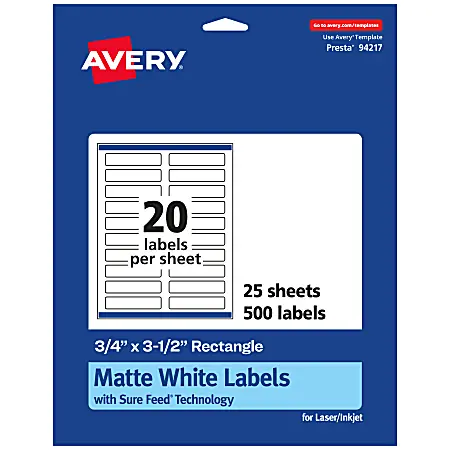 Brand New Avery&reg; Permanent Labels With Sure Feed&reg;, 94217-WMP25, Rectangle, 3/4" x 3-1/2", White, Pack Of 500