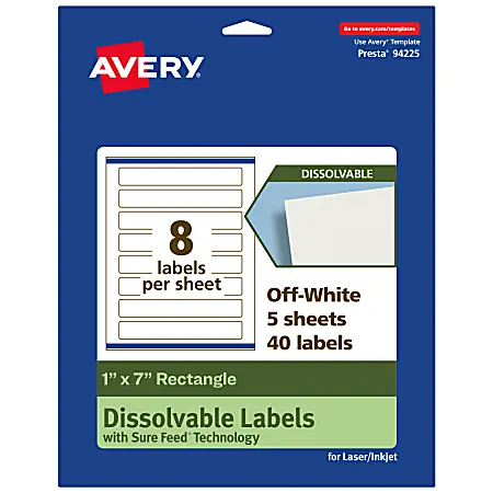 Avery&reg; Print-to-the-Edge Dissolvable Labels With Sure Feed&reg; Technology, 94225-DWMP5, Rectangle, 1"x7", Matte Off-White, Pack Of 40 Get Yours