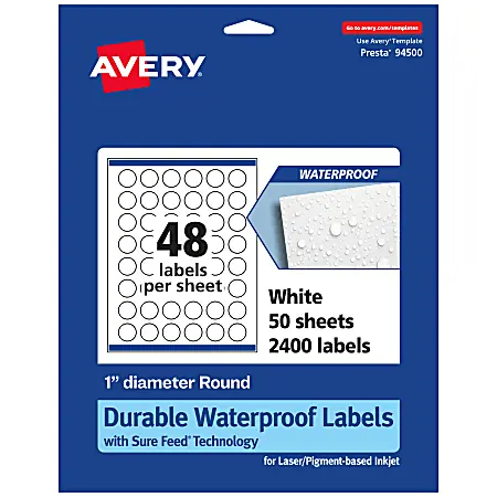 Handmade Avery&reg; Waterproof Permanent Labels With Sure Feed&reg;, 94500-WMF50, Round, 1" Diameter, White, Pack Of 2,400