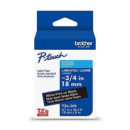 Brand New Brother P-touch TZe345, Laminated, 3/4" x 26.2 ft (18mm x 8m), White on Black Label Tape