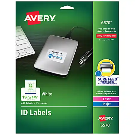 Avery&reg; Permanent ID Labels With Sure Feed&reg; Technology, 6570, Rectangle, 1-1/4" x 1-3/4", White, Pack Of 480 Labels Bulk Order