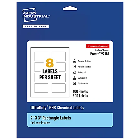 In Demand Avery&reg; Ultra Duty&reg; Permanent GHS Chemical Labels, 97184-WMU100, Rectangle, 2" x 3", White, Pack Of 800