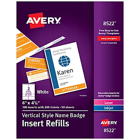 Luxury Avery&reg; Vertical Name Badge Inserts, 6" x 4 1/4", White, Box Of 100 Inserts