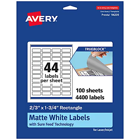 Avery&reg; Print-To-The-Edge TrueBlock&reg; Labels With Sure Feed&reg;, 94209-TWMP100, Rectangle, 2/3" x 1-3/4", Matte White, Pack Of 4400 Last Chance
