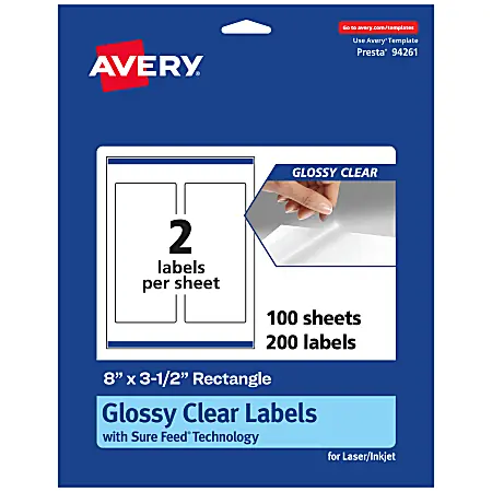 One Day Deal Avery&reg; Glossy Permanent Labels With Sure Feed&reg;, 94261-CGF100, Rectangle, 8" x 3-1/2", Clear, Pack Of 200