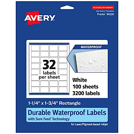 Avery&reg; Waterproof Permanent Labels With Sure Feed&reg;, 94226-WMF100, Rectangle, 1-1/4" x 1-3/4", White, Pack Of 3,200 Trusted Brand
