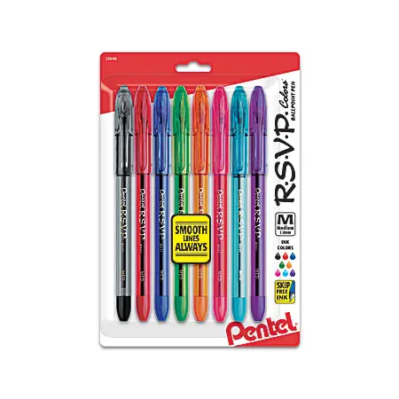 Exclusive Pentel&reg; R.S.V.P.&reg; Ballpoint Pens, Medium Point, 1.0 mm, Clear Barrel, Assorted Ink Colors, Pack Of 8
