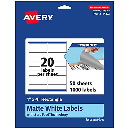 Avery&reg; TrueBlock&reg; Labels With Sure Feed&reg;, 94202-TWMP50, Rectangle, 1" x 4", Matte White, Pack Of 1000 Premium