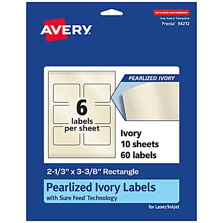 Clearance Avery&reg; Pearlized Permanent Labels With Sure Feed&reg;, 94212-PIP10, Rectangle, 2-1/3" x 3-3/8", Ivory, Pack Of 60 Labels