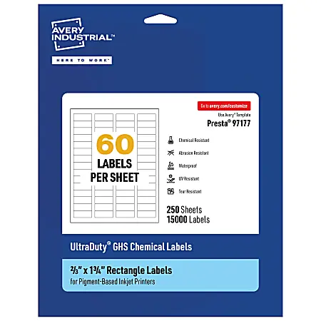 Avery&reg; Ultra Duty&reg; Permanent GHS Chemical Labels, 97177-WMUI250, Rectangle, 2/3" x 1-3/4", White, Pack Of 15,000 Sale