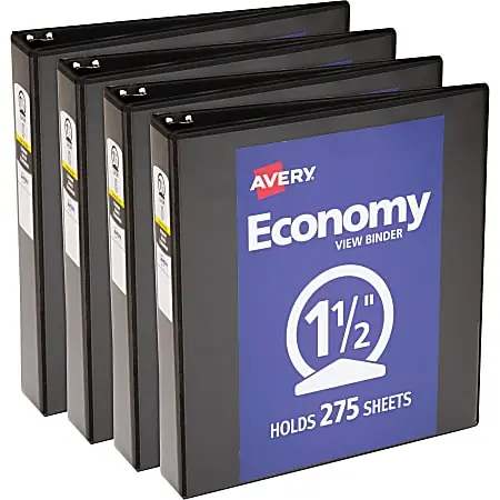 Avery&reg; Economy View Binder, 1 1/2" Ring, 8 1/2" x 11", Black, Pack Of 4 Worldwide Shipping