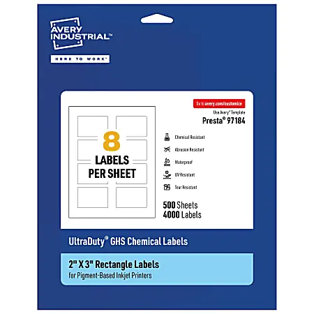 Avery&reg; Ultra Duty&reg; Permanent GHS Chemical Labels, 97184-WMUI500, Rectangle, 2" x 3", White, Pack Of 4,000 Final Sale