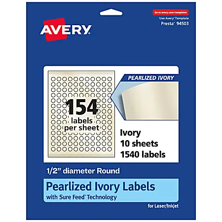Factory Price Avery&reg; Pearlized Permanent Labels With Sure Feed&reg;, 94503-PIP10, Round, 1/2" Diameter, Ivory, Pack Of 1,540 Labels