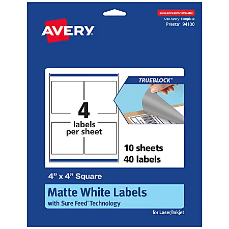 Avery&reg; TrueBlock&reg; Labels With Sure Feed&reg;, 94100-TWMP10, Square, 4" x 4", Matte White, Pack Of 40 Weekend Sale