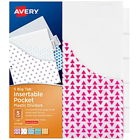 Secure Checkout Avery&reg; Big Tab&trade; Insertable Plastic Dividers With Pockets, 9 1/4" x 11 1/8", 5-Tab, Multicolor, 1 Set