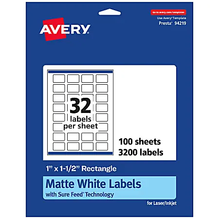 Avery&reg; Permanent Labels With Sure Feed&reg;, 94219-WMP100, Rectangle, 1" x 1-1/2", White, Pack Of 3,200 Price Drop