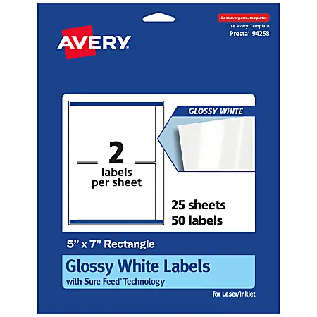 One Day Deal Avery&reg; Glossy Permanent Labels With Sure Feed&reg;, 94258-WGP25, Rectangle, 5" x 7", White, Pack Of 50