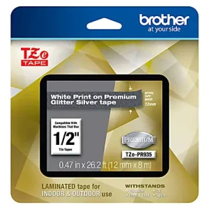 Top Rated Brother TZe Premium Glitter Laminated Tape, 1/2" x 26-3/16', White Ink/Silver Tape