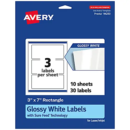 Avery&reg; Glossy Permanent Labels With Sure Feed&reg;, 94250-WGP10, Rectangle, 3" x 7", White, Pack Of 30 In Demand