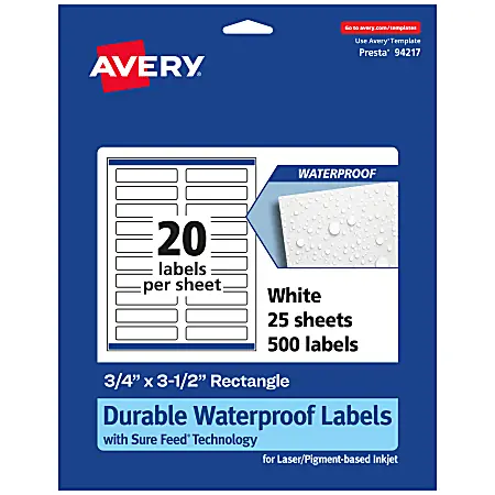 Avery&reg; Waterproof Permanent Labels With Sure Feed&reg;, 94217-WMF25, Rectangle, 3/4" x 3-1/2", White, Pack Of 500 Deal